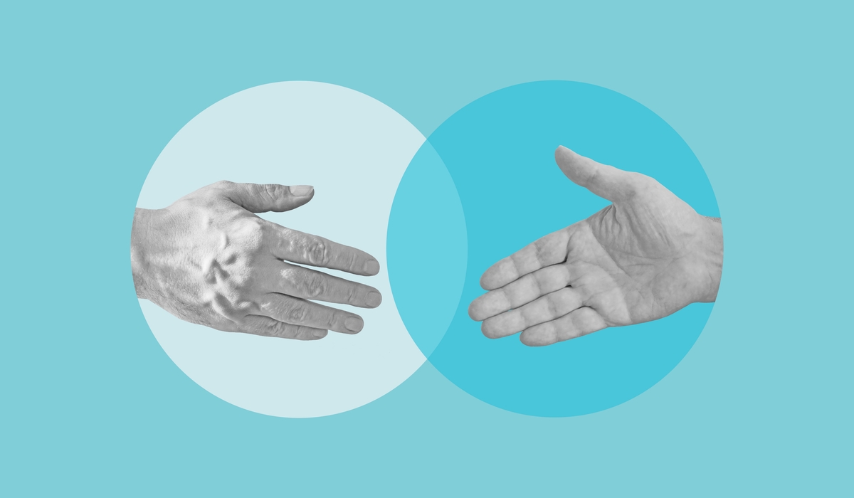 Collage with two shaking hands. Business negotiation, deal making or acquisition, merger concept. Compromise