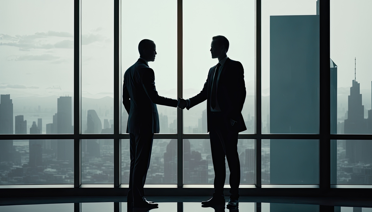 illustration, Business Shake Hands, Two Men Agreeing on a Deal Two men stand across from each other