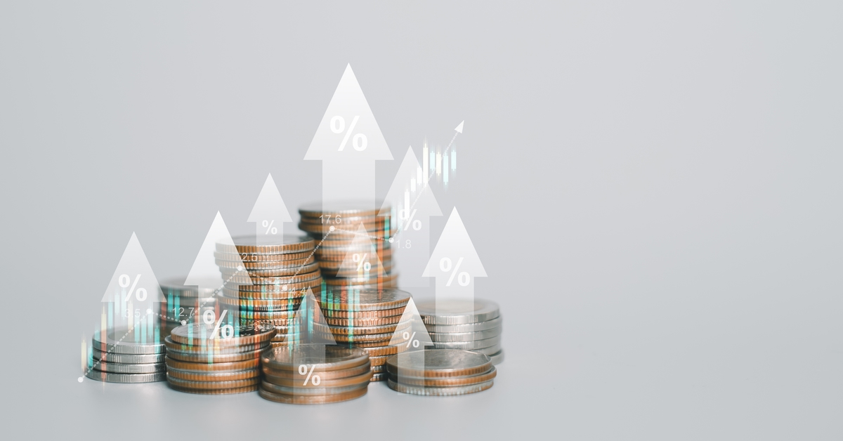 Cash coin on background. Increase arrow percentage of interest and inflation rate that have potential growth and rising percentage with red arrow. Global economic and financial issue with copy space
