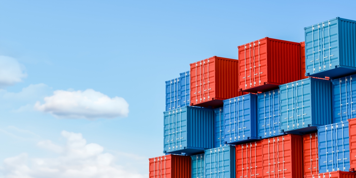 Stack of Cargo shipping in container terminal yard, global logistic freight supply chain network distribution, export and import business commercial technology concept 3d rendering