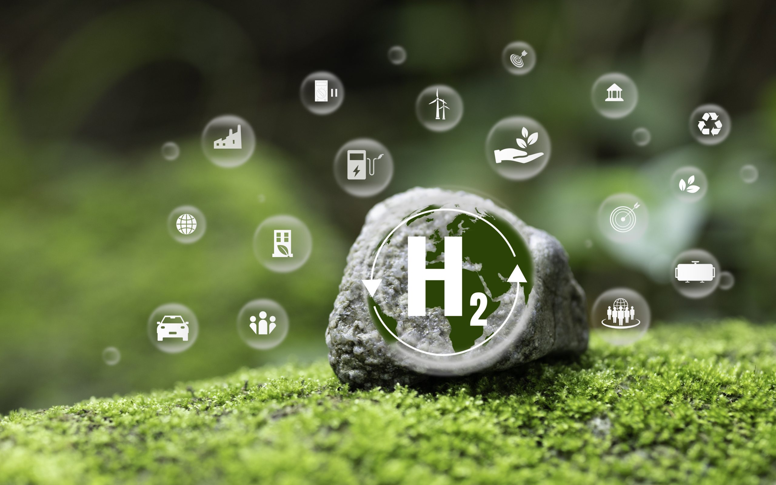green hydrogen factory concept Production of hydrogen from renewable energy sources Reduce carbon dioxide and greenhouse gases It&#8217;s a green industry. and alternative energy