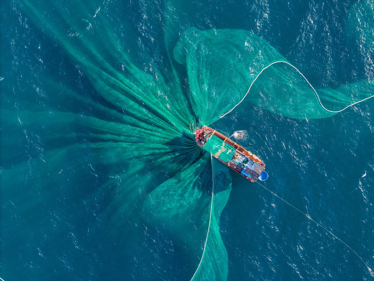 Aerial view of traditional wooden boat and fishermen are fishing anchovies in Yen Island, Phu Yen province, Vietnam