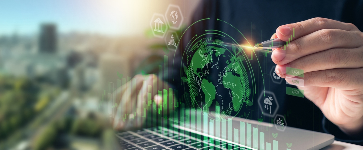 Businessman analyze investment sustainability ESG icons. ESG environmental protection concept, sustainable development, climate change, green energy recycle, Net zero and carbon neutral.
