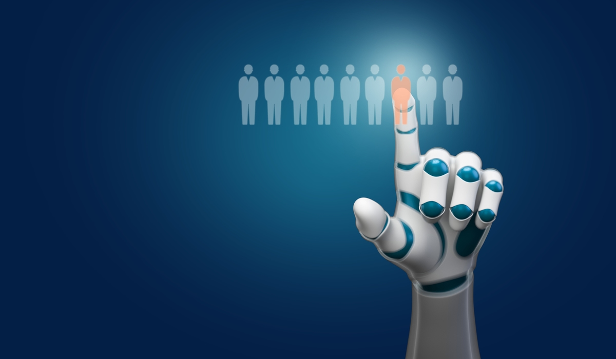 robot hand selecting a person symbol out of many – 3d illustration