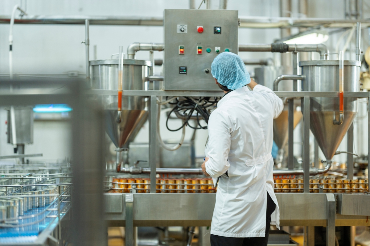 Inspector checking automated machinery in food production facility Focus on quality control safety and workflow efficiency. Worker overseeing food packaging machinery in a modern manufacturing plant.