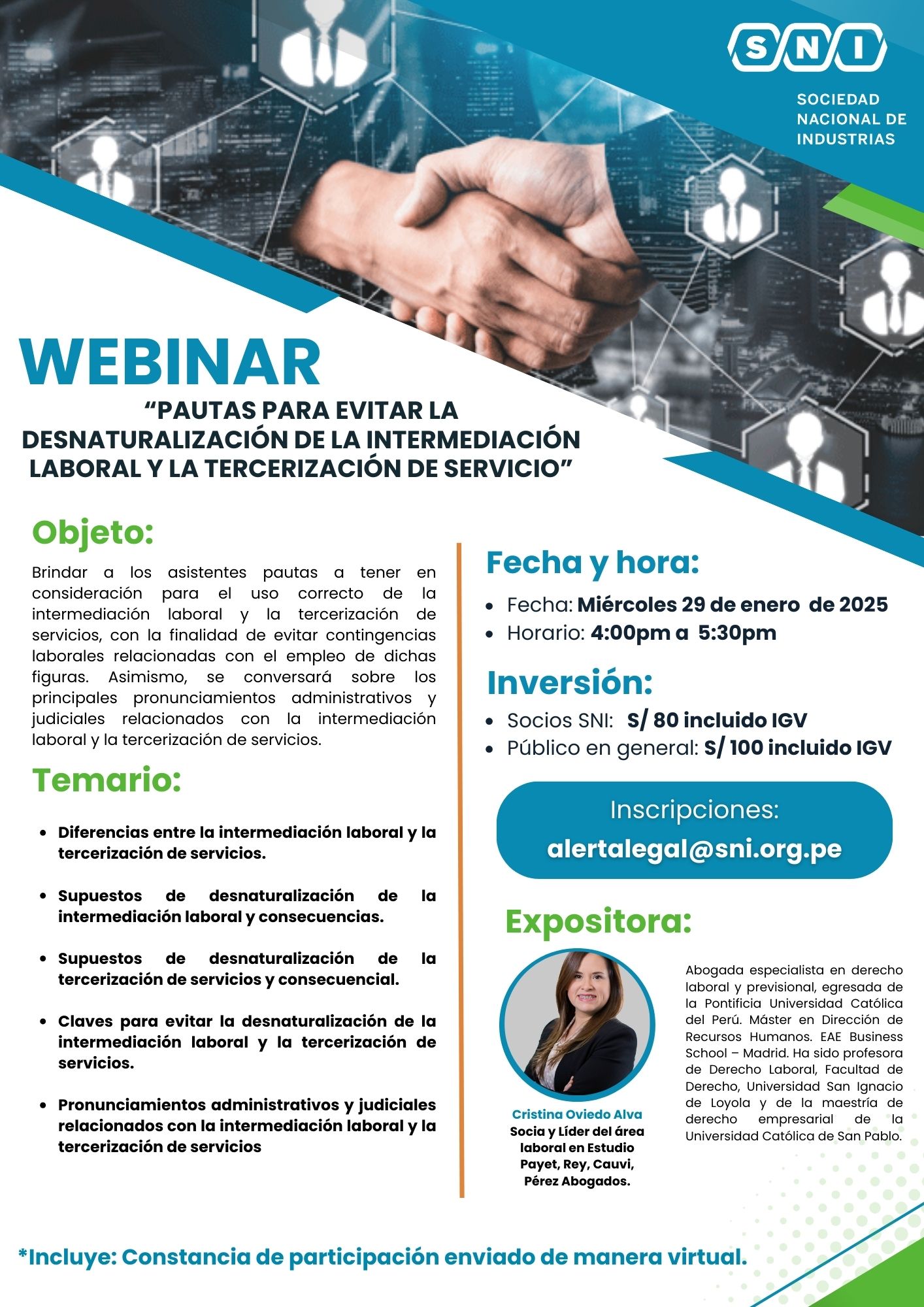 FLYER WEBINAR PAUTAS PARA EVITAR LA DESNATURALIZACIÓN DE LA INTERMEDACIÓN LABORAL Y LA TERCERIZACIÓN DE SERVICIO